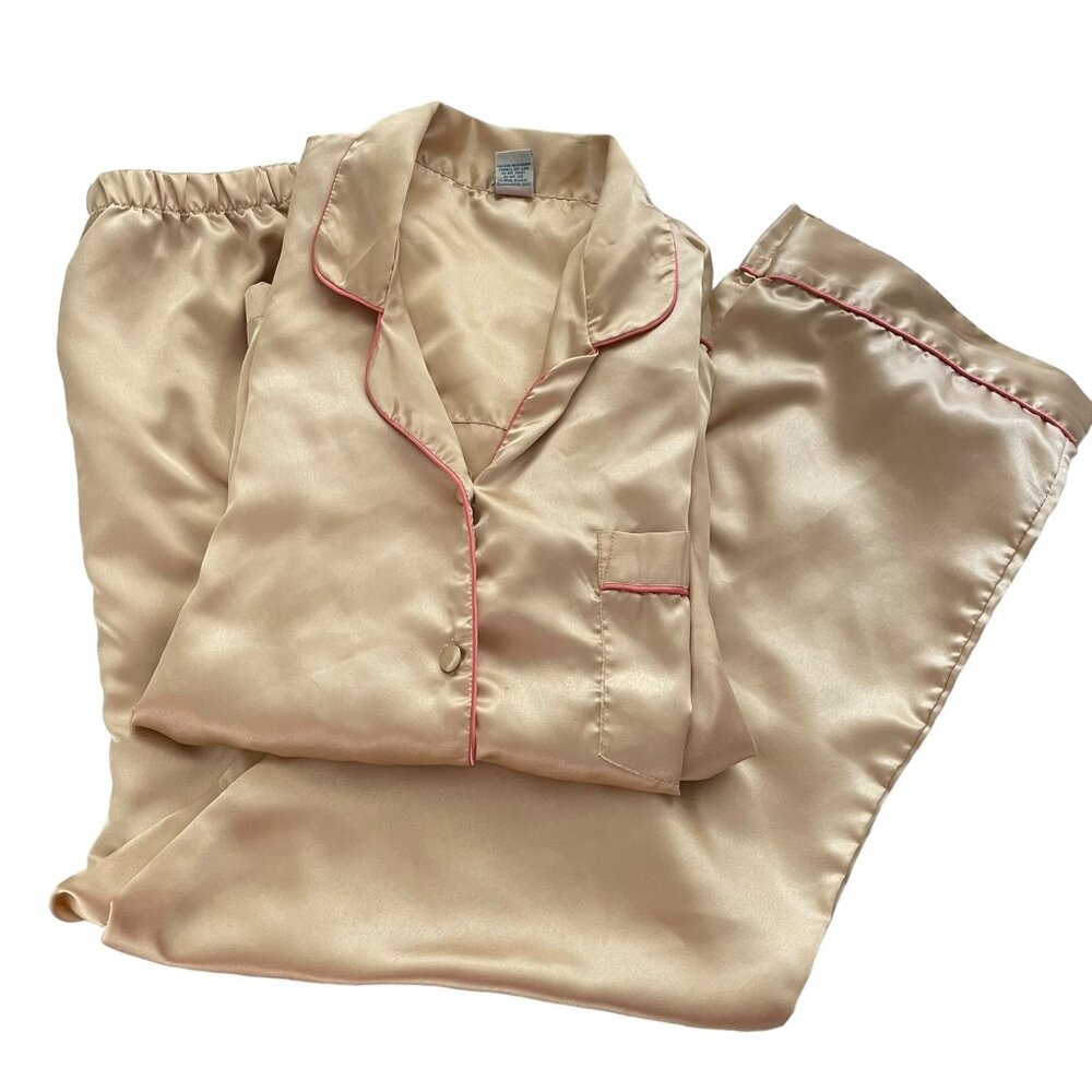 Vintage 60s Tru Fit Satin Pajama Set Large Pale Pink Sleep Lounge Pants & Shirt